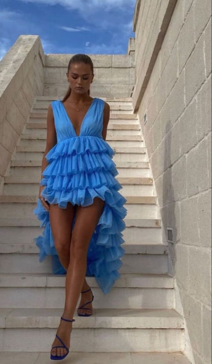 Sexy High Low V neckline Blue Prom Dress Tulle Party Dresses P1608