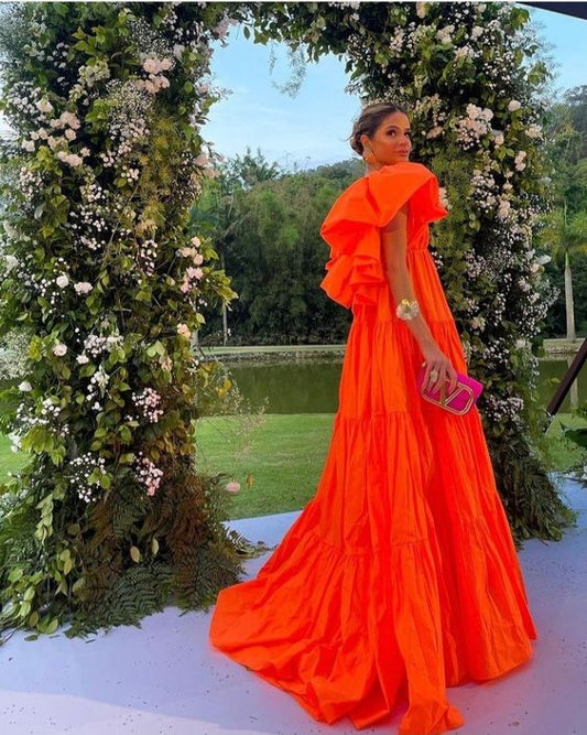 Sexy A line V neckline Organge Prom Dress Long Party Dresses P1611