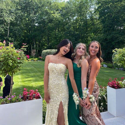 Sexy Mermaid Strapless Yellow Lace Long Prom Dress P1619