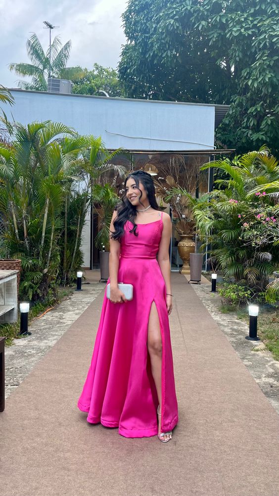 Simple A Line Spaghetti Straps Hot Pink Slit Long Prom Dress P1651