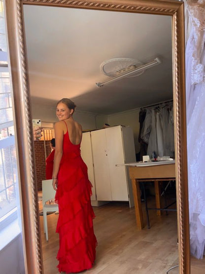 Sexy Sheath Straps Red Long Chiffon Prom Dress P1683