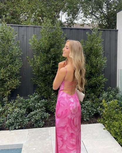 Sexy Sheath Spaghetti Straps Floral Pink Long Backless Prom Dress 1684
