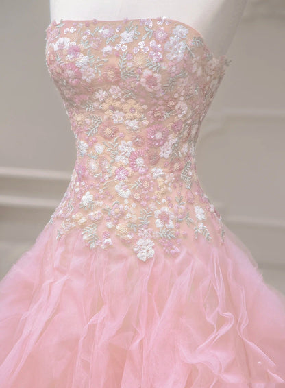 Luxurious Ball Gown Strapless Pink Tulle Long Prom Dress P1720