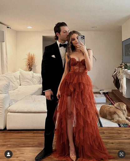 Rust Red Sweetheart High Low Tiered Prom Dress P1750