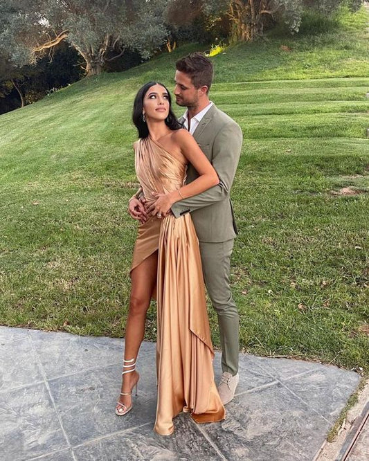 Sexy One Shoulder Satin Side Slit Long Evening Prom Dresses P1755