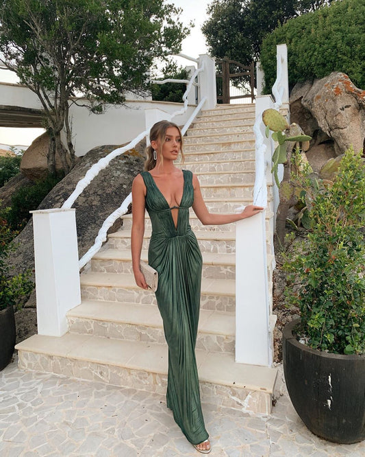 Sexy Sheath V neckline Green Long Prom Dresses P1768
