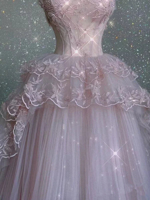 Vintage Pink Lace Shiny Sequin A-Line Tulle Prom Dress Party Dress Evening Dress TP4505