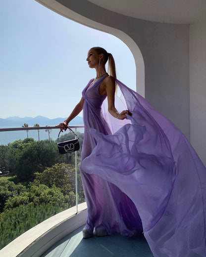 Simple A Line V Neckline Lilac Long Chiffon Prom Dresses P1791