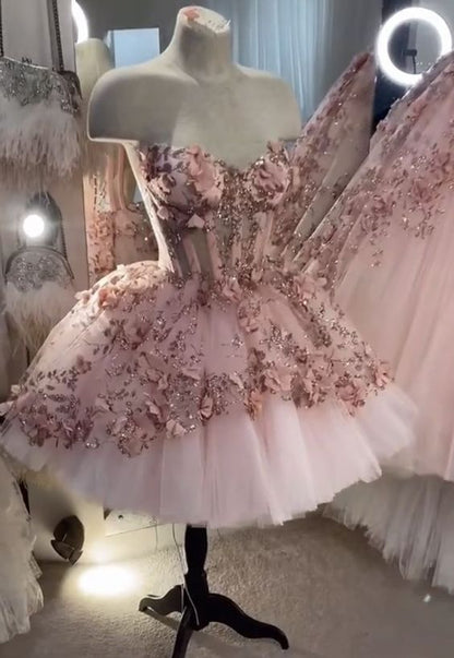 Chic Pink Prom Dresses Hand Made Flowers 18th Birthday Outfits P1841