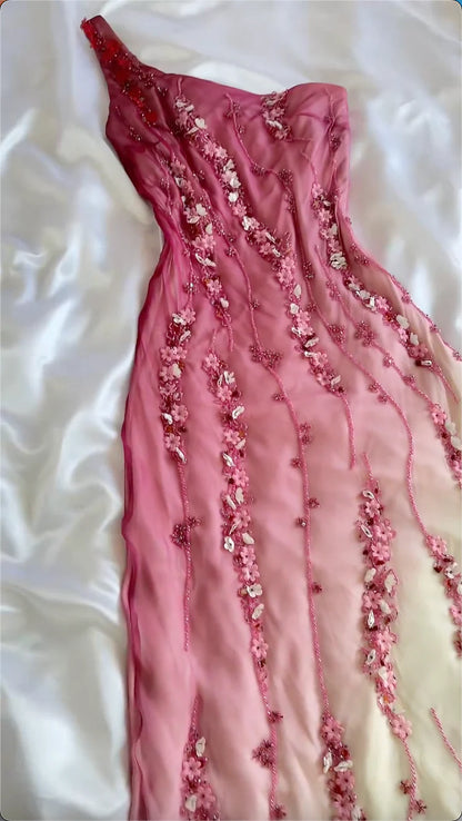 Simple Mermaid Prom Gown With Beads One Shoulder Prom Dress For Teens P1848