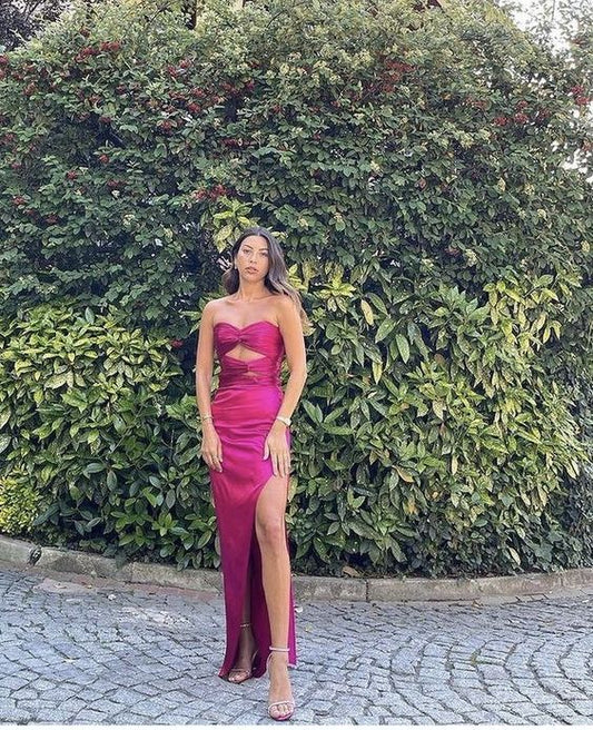 Beautiful Sheath Rose Pink Prom Gown Slit Prom Dresses P1862