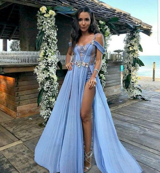 Sexy A Line Blue Prom Gown Long Lace Prom Dresses P1870