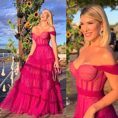 Hot Pink Sweetheart Multi Layers Tulle Prom Dresses Formal Dresses P1901