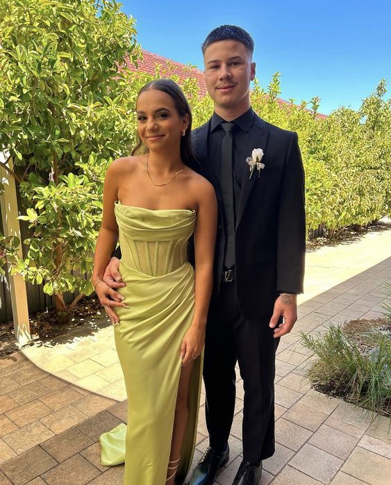 Simple Mermaid Strapless Green Slit Prom Dresses 22th Birthday Outfit P1979