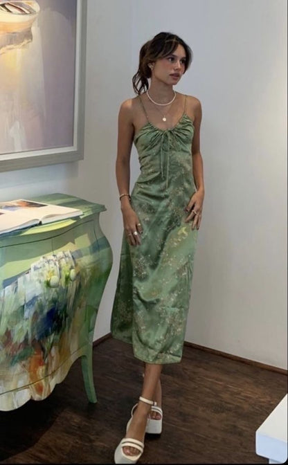 Sexy A line Straps Green Floral Prom Dresses Evening Dress P2005