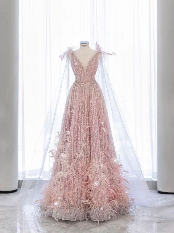 Fairy A line Sequin Pink Prom Dresses Evening Dress P2039