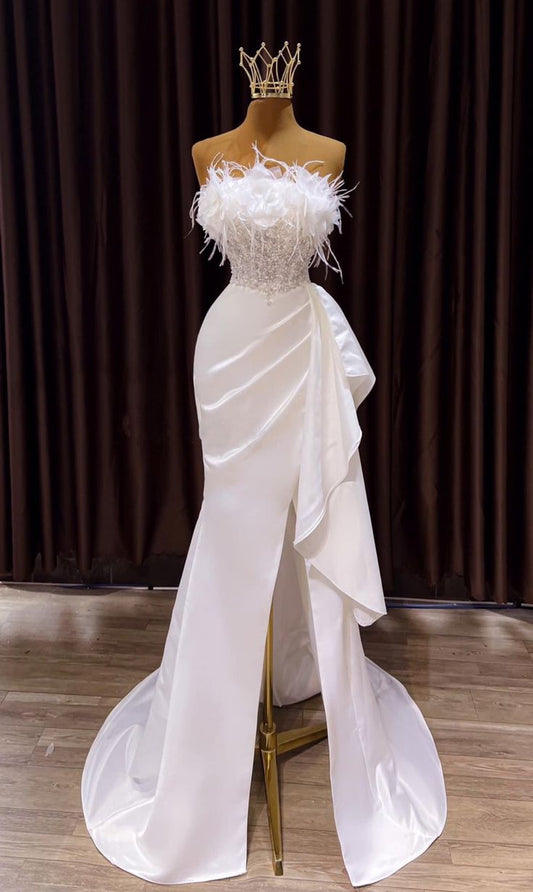 Vintage Mermaid Long Slit White Wedding Dresses P2074