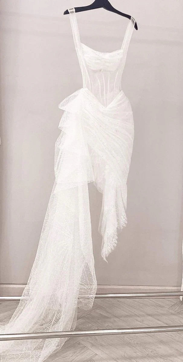 Vintage White Irregular Skirt Hem Sheath Tulle Prom Dress Party Dress Evening Dress TP4500