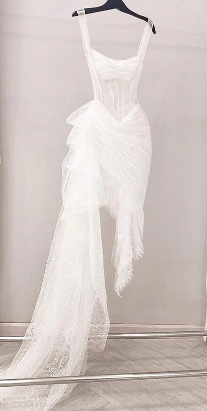 Vintage White Irregular Skirt Hem Sheath Tulle Prom Dress Party Dress Evening Dress TP4500