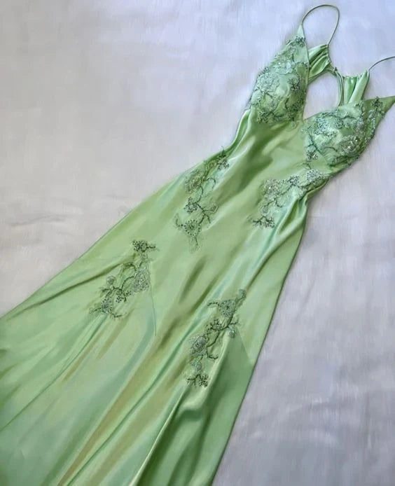 Enchanting V-neck Embroidery Spaghetti Strap Satin Mermaid Prom Dress Evening Dress TP4325