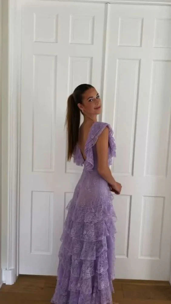Vintage Lilac A-Line Lace Tiered Prom Dress Party Dress Evening Dress TP4503