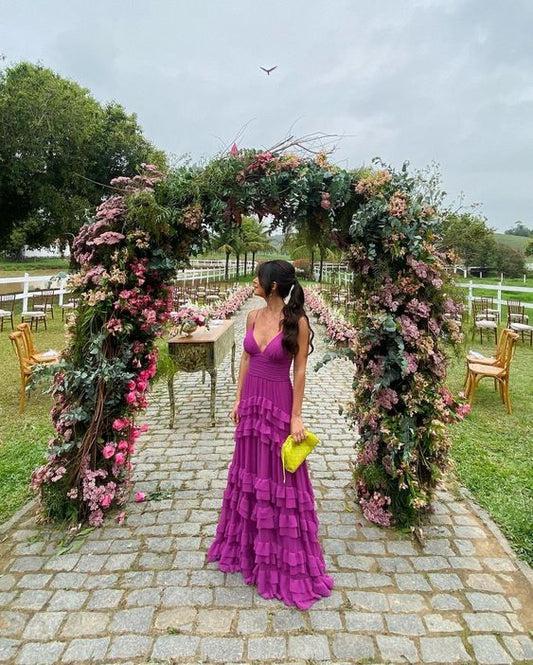 Vintage Fuchsia V-neck Spaghetti Strap A-Line Chiffon Prom Dress Party Dress Evening Dress TP4497