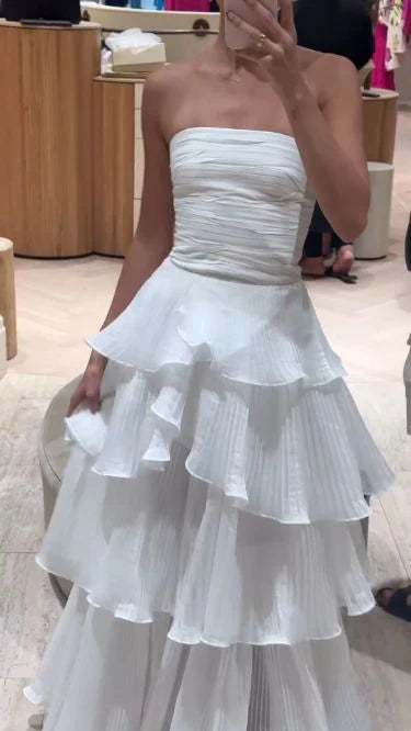 Vintage White Chiffon Strapless A-Line Tiered Prom Dress Party Dress Evening Dress TP4504