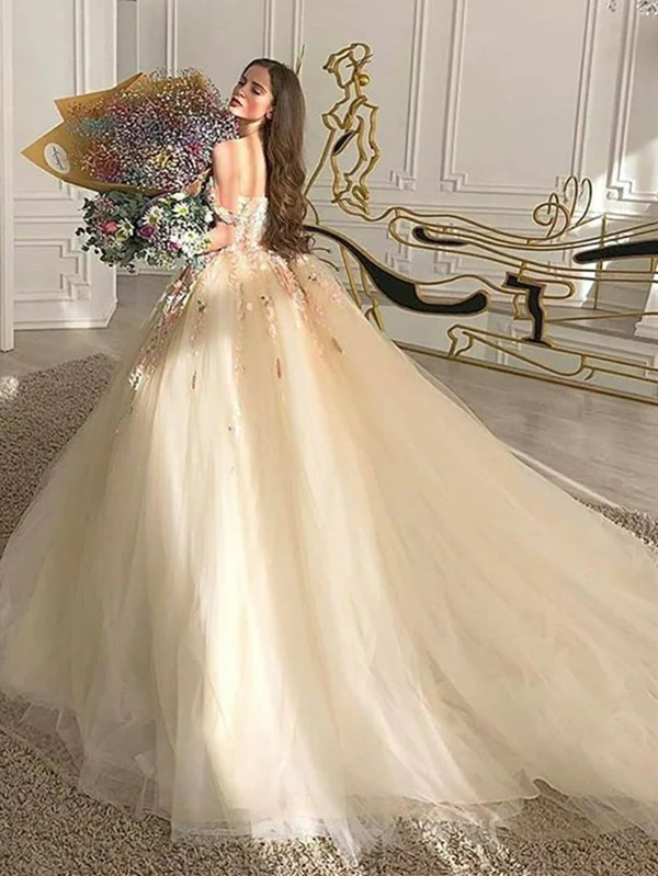 Off the Shoulder Champagne Lace Floral Long Prom Dresses Birthday Outfits P2195