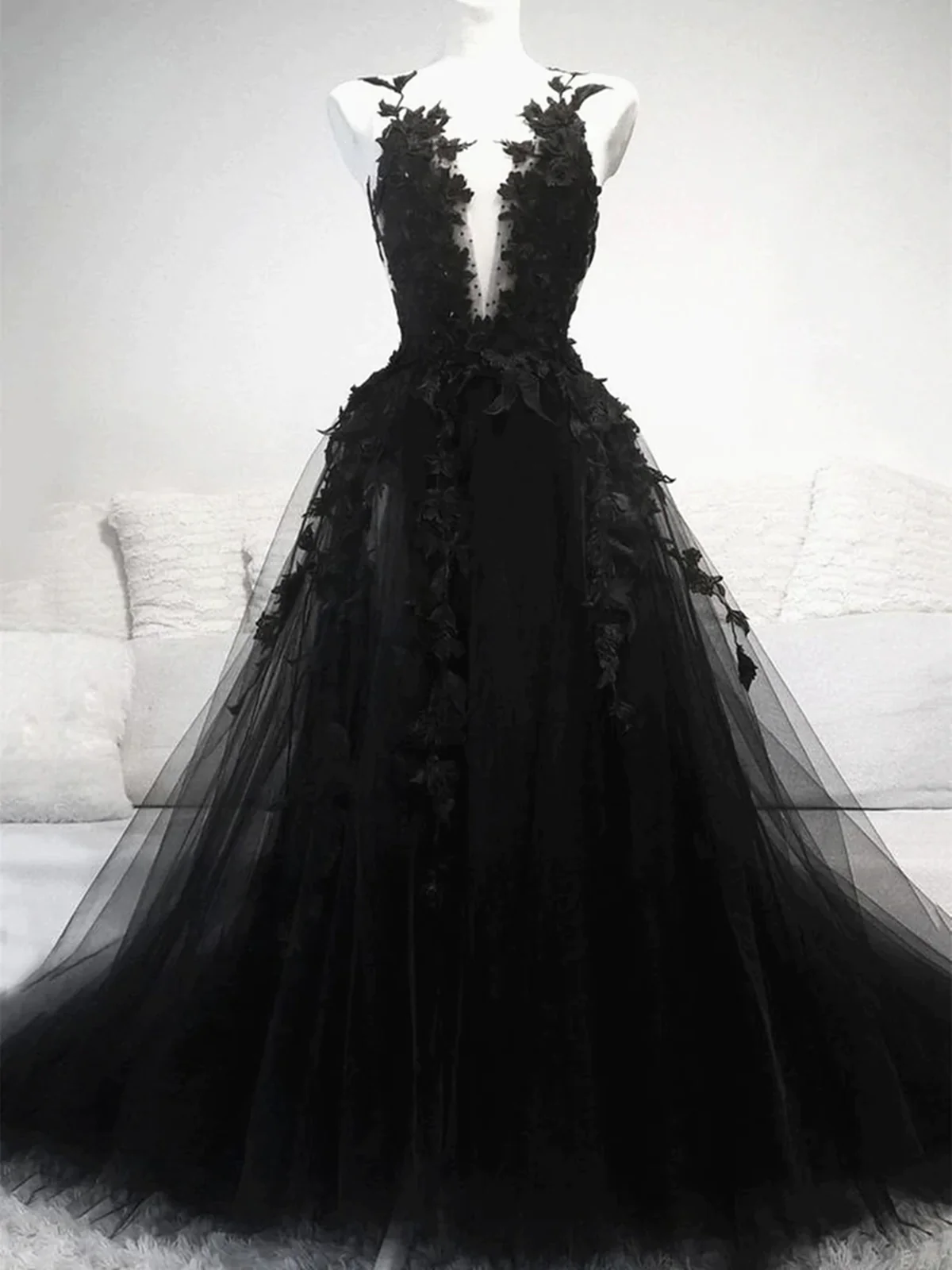 Black V Neck Lace Formal Graduation Dresses Prom Dresses Evening Dress P2196