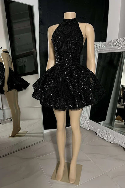 Retro Black Sparkling Sequin Halter Dress Design A-Line Tiered Party Dress Homecoming Dress TP4132
