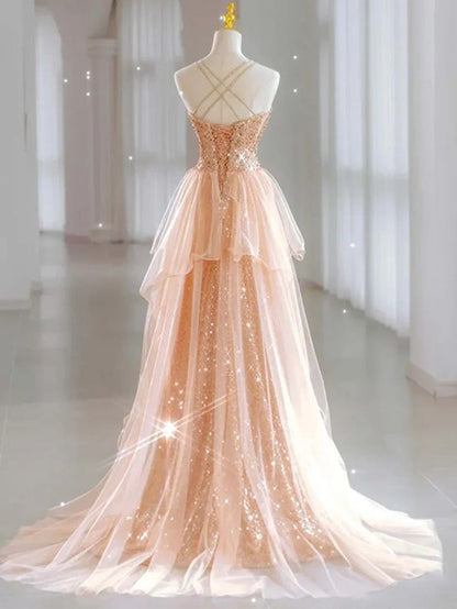 Hot Shiny A line Spaghetti Straps Sleeveless Sequin Tulle Long Prom Dresses P2298