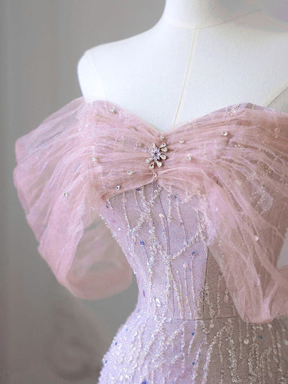New Arrival A line Off The Shoulder Short Sleeves Pleated Sequin Pink Floor Length Prom Dresses P2300