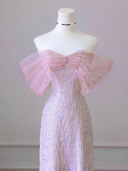 New Arrival A line Off The Shoulder Short Sleeves Pleated Sequin Pink Floor Length Prom Dresses P2300
