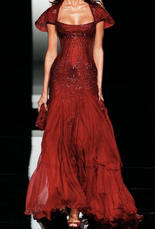 Classy Mermaid U Neckline Short Sleeves Burgundy Long Prom Dresses Evening Gowns P2318