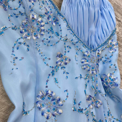 Pretty A Line Halter Blue Slit Chiffon Prom Dresses Long Evening Gowns P2319