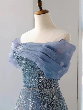 Modest Ball Gown Off The Shoulder Sequin Long Party Dress Gray Prom Dress P2325
