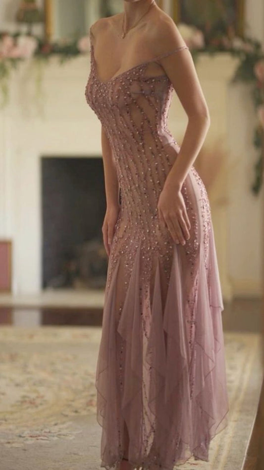 Modest Mermaid V Neckline Pink Chiffon Ruffles Long Party Dress Prom Dresses P2336