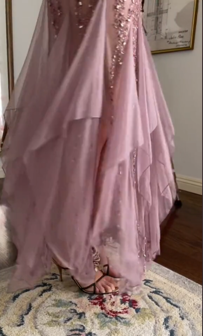 Modest Mermaid V Neckline Pink Chiffon Ruffles Long Party Dress Prom Dresses P2336