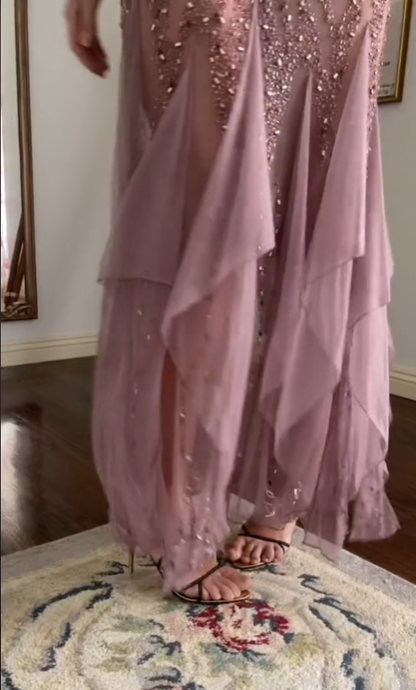 Modest Mermaid V Neckline Pink Chiffon Ruffles Long Party Dress Prom Dresses P2336