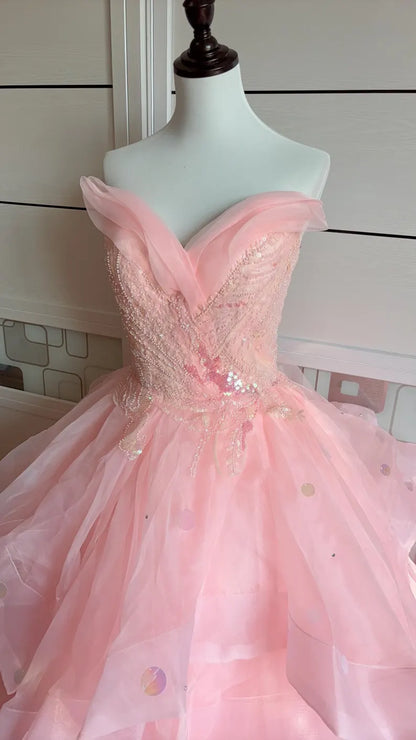Dreamy Princess Pink Strapless Sequined Beaded Layered Tulle Ball Gown Evening Dress cc4934