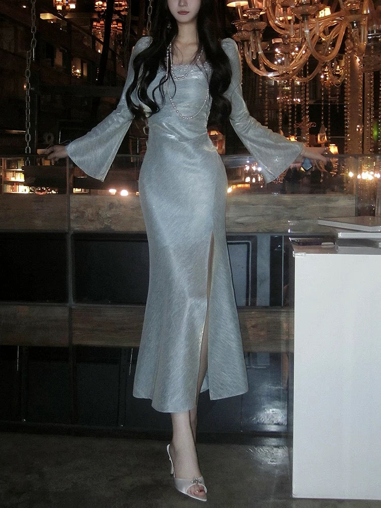Classy Mermaid Square Neckline Long Sleeves Slit Prom Dresses Evening Gowns P2344