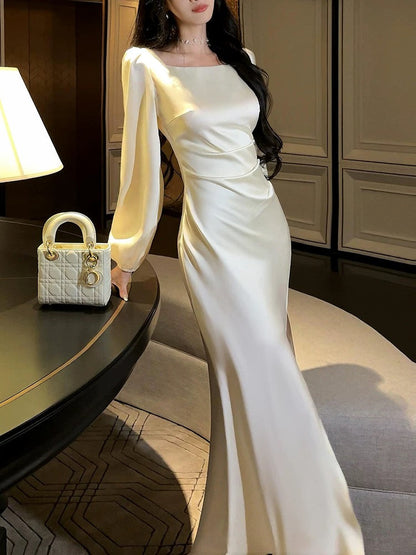 Classy Mermaid Square Neckline Long Sleeves Slit Prom Dresses Evening Gowns P2348