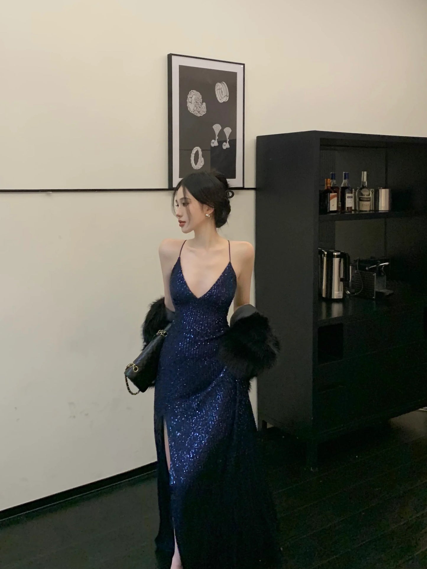 Sexy Sheath Spaghetti Straps Navy Blue Sequin Floor Length Evening Dress Sequin Prom Dresses P2393