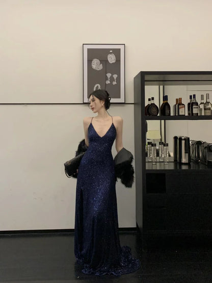 Sexy Sheath Spaghetti Straps Navy Blue Sequin Floor Length Evening Dress Sequin Prom Dresses P2393
