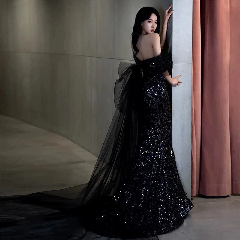 Sexy Mermaid Off The Shoulder Cap Sleeves Sequin Floor Length Black Prom Dresses P2399