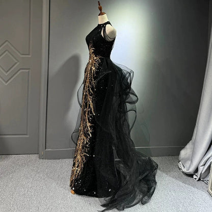 Sexy Mermaid Scoop Neckline Black Sequin Floor Length Prom Dresses P2401