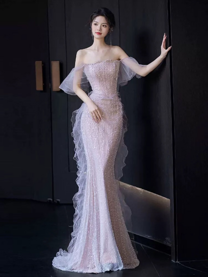 Sexy Mermaid Strapless Neckline Sequin Long Floor Length Pearls Prom Dresses P2403