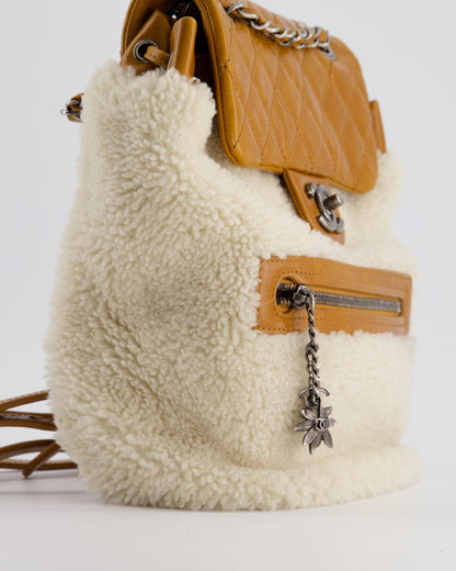 Chanel Cream and Caramel Shearling and Calfskin Leather Backpack with Ruthenium Hardware and Charm Zips