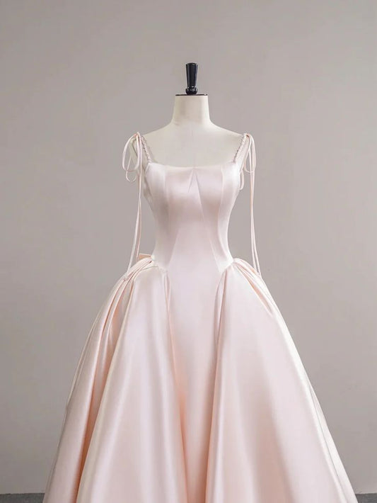 Light Pink Satin Spaghetti Strap Long Prom Dress, Beautiful Evening Dress with Bow P2415