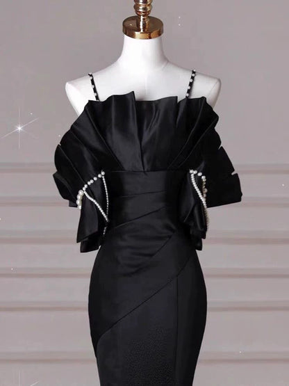 Sexy Mermaid Spaghetti Straps Black Long Formal Dress Satin Prom Dress P2461